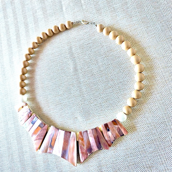 Vintage 1970’s/1980’s Abalone+Silver-tone Wood Beaded Statement Collar Necklace. - Picture 2 of 8